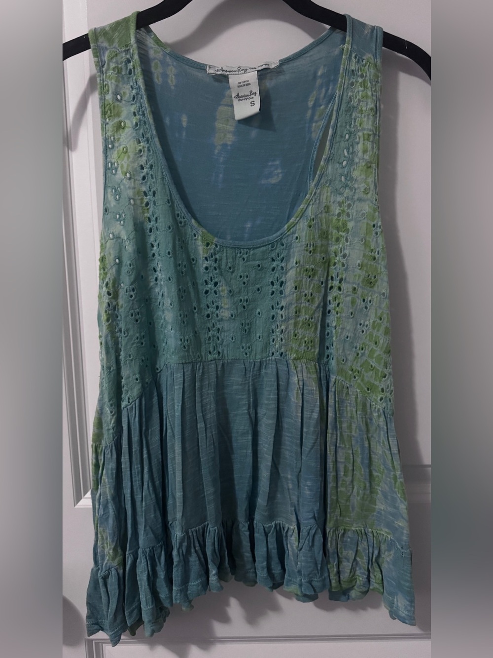 American Rag Seafoam Green Tie-Dye Eyelet Tiered Tank-Small